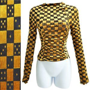 NEW Urban Outfitters Gold Natalia High Neck Ruched Fitted Burnout VeLVeT Dice XS